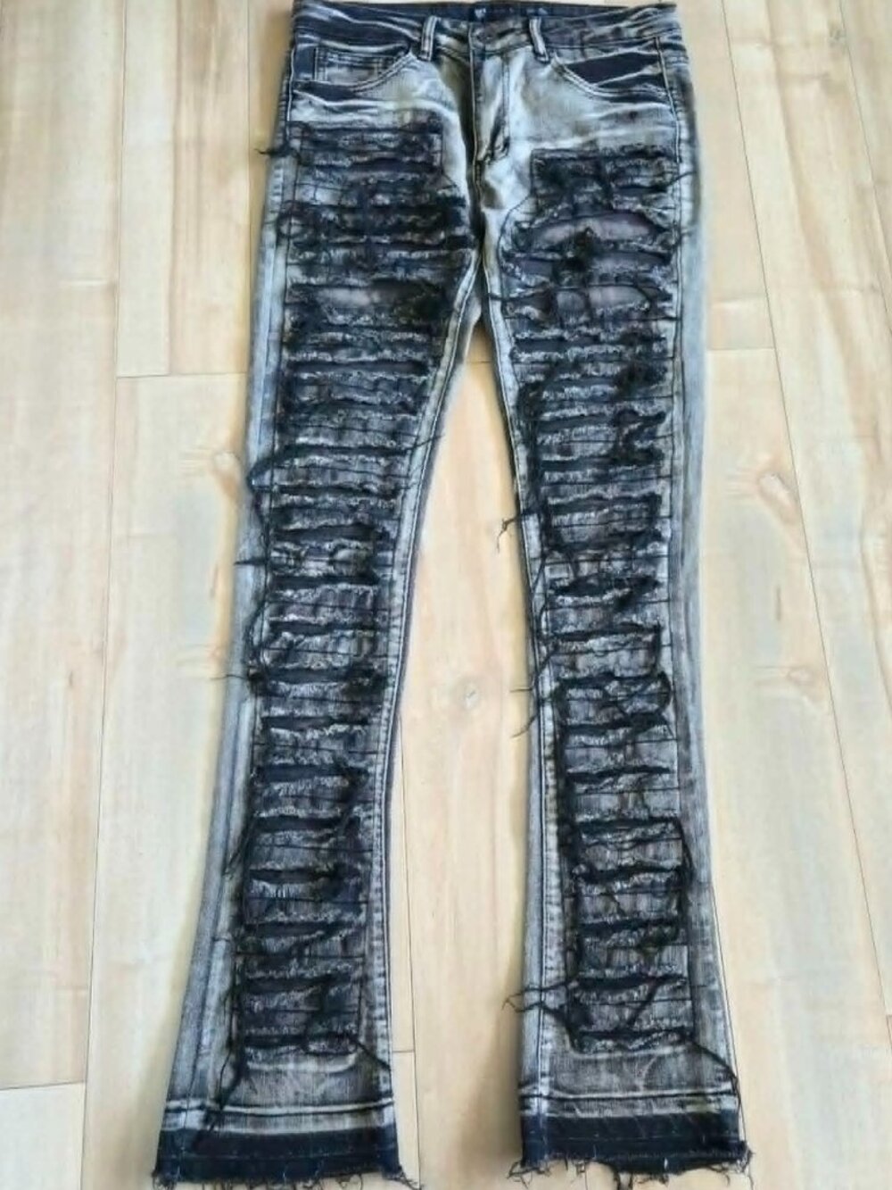 Waimea Distressed Stacked Bootcut Jeans Black Acid Wash Shredded Y2K Men’s 30